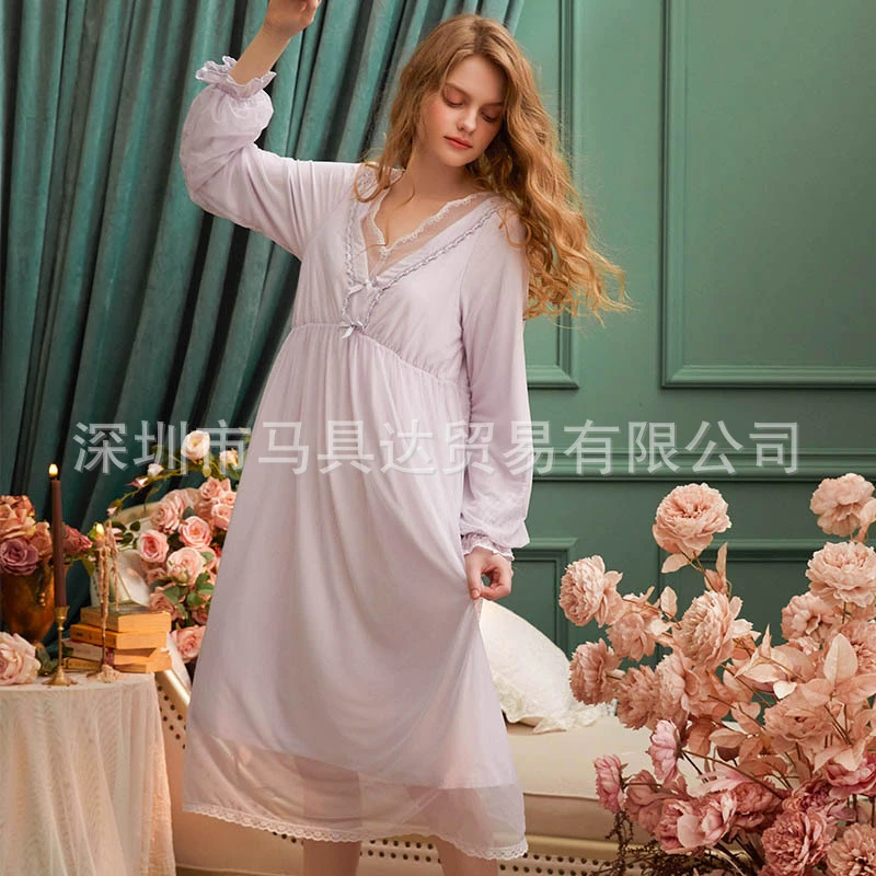 R9310尘熙睡裙长袖长款蕾丝网纱宫廷复古性感公主睡衣棉家居服