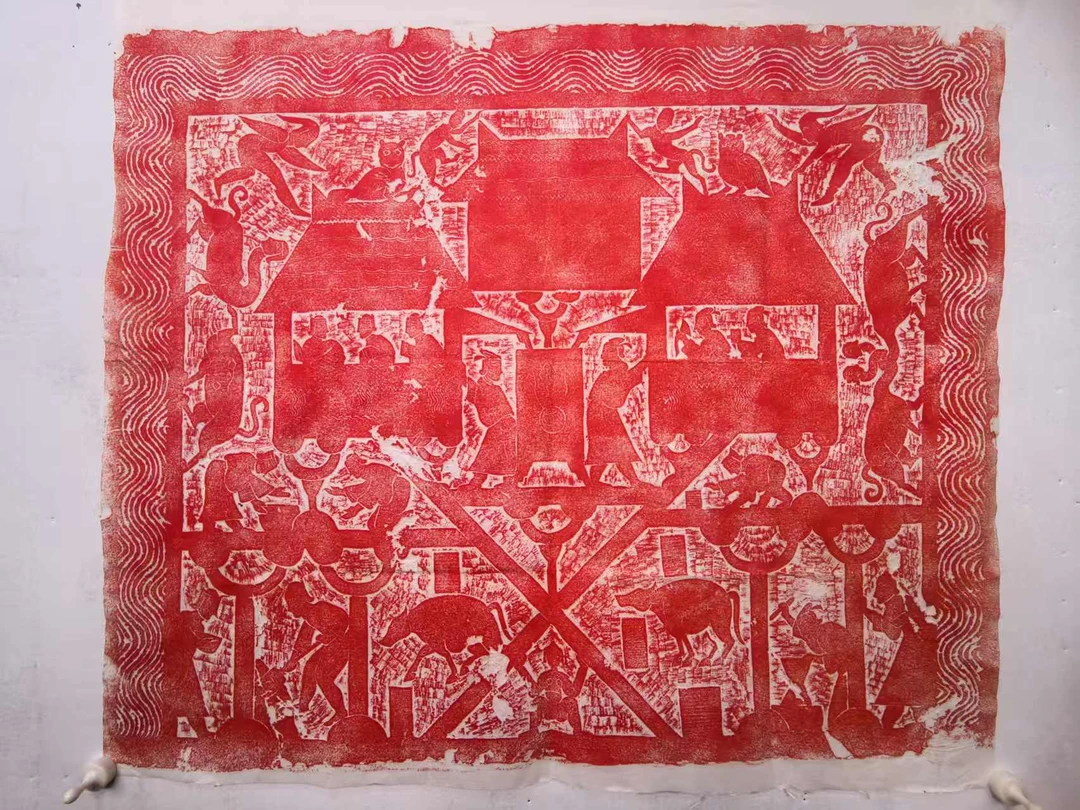 汉画像瑞兽玄鸟铺首图朱拓