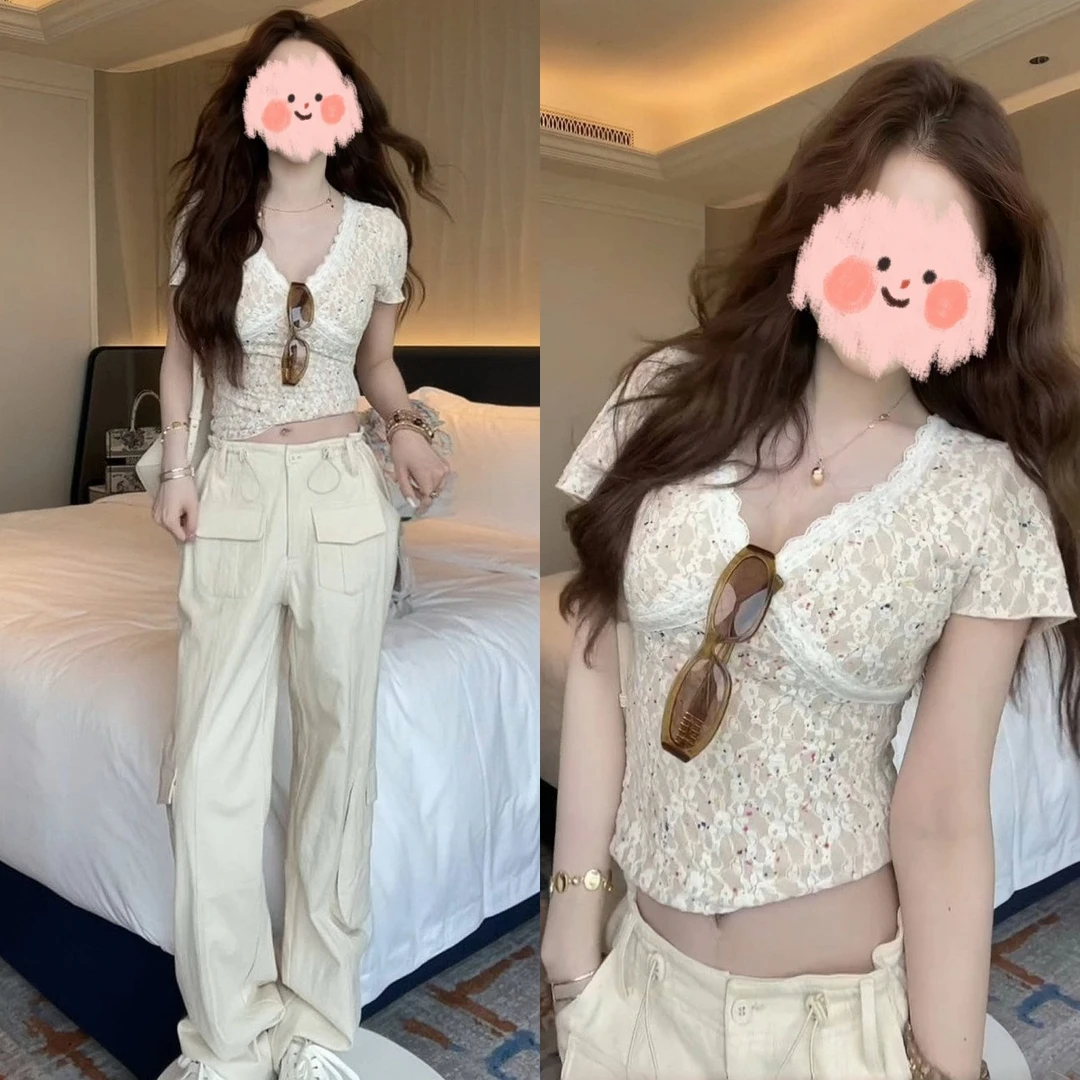 夏季纯欲辣妹气质套装设计感露脐短袖2025百搭休闲裤网红洋气套装