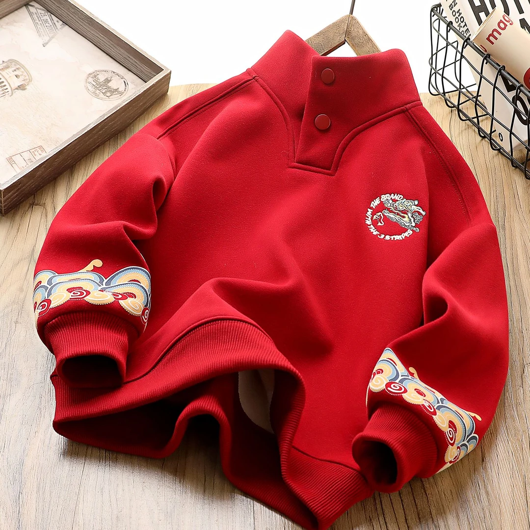 儿童红色加绒卫衣冬款2025新款蛇年男童年服拜年服套头上衣6150