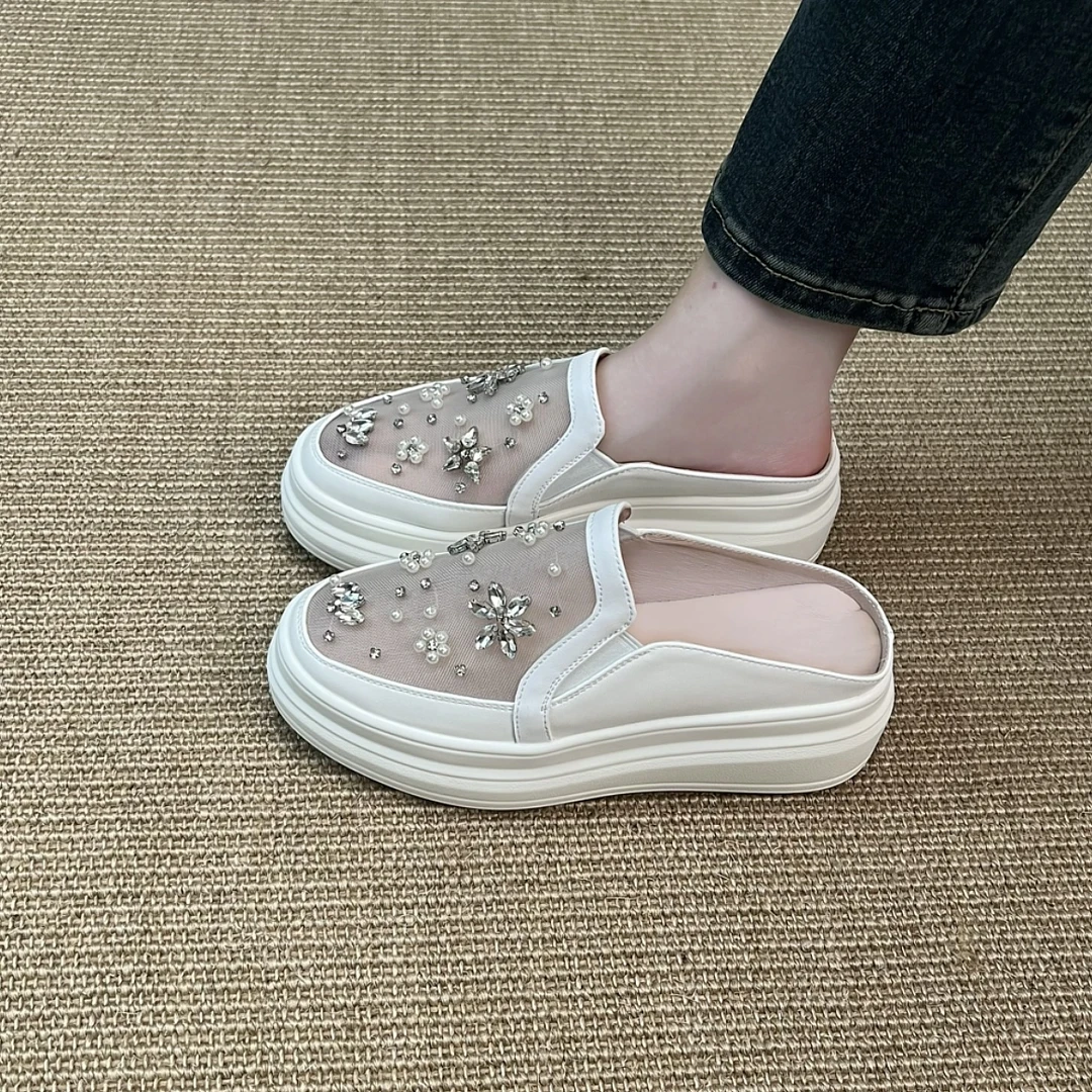 5.5cm松糕底圆头中口网纱水钻花朵包头拖鞋女夏季新款百搭拖鞋女