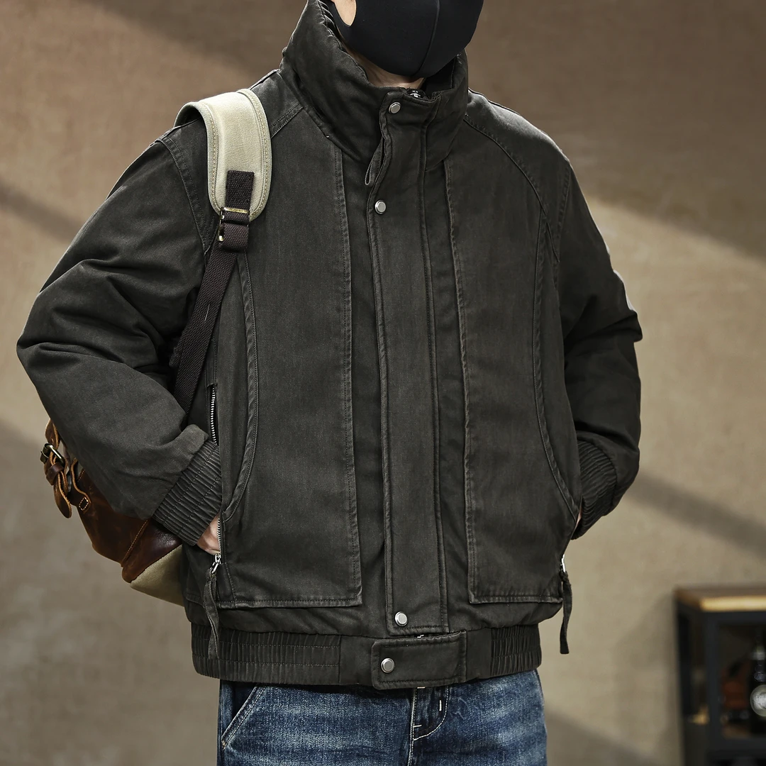 美式鸭绒立领羽绒服男冬季2025新款加厚保暖男士潮牌工装外套大码