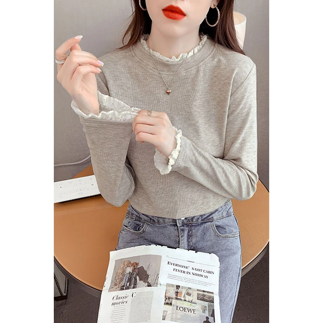 加绒加厚德绒半高领长袖打底衫女秋冬季新款内搭T恤蕾丝保暖上衣