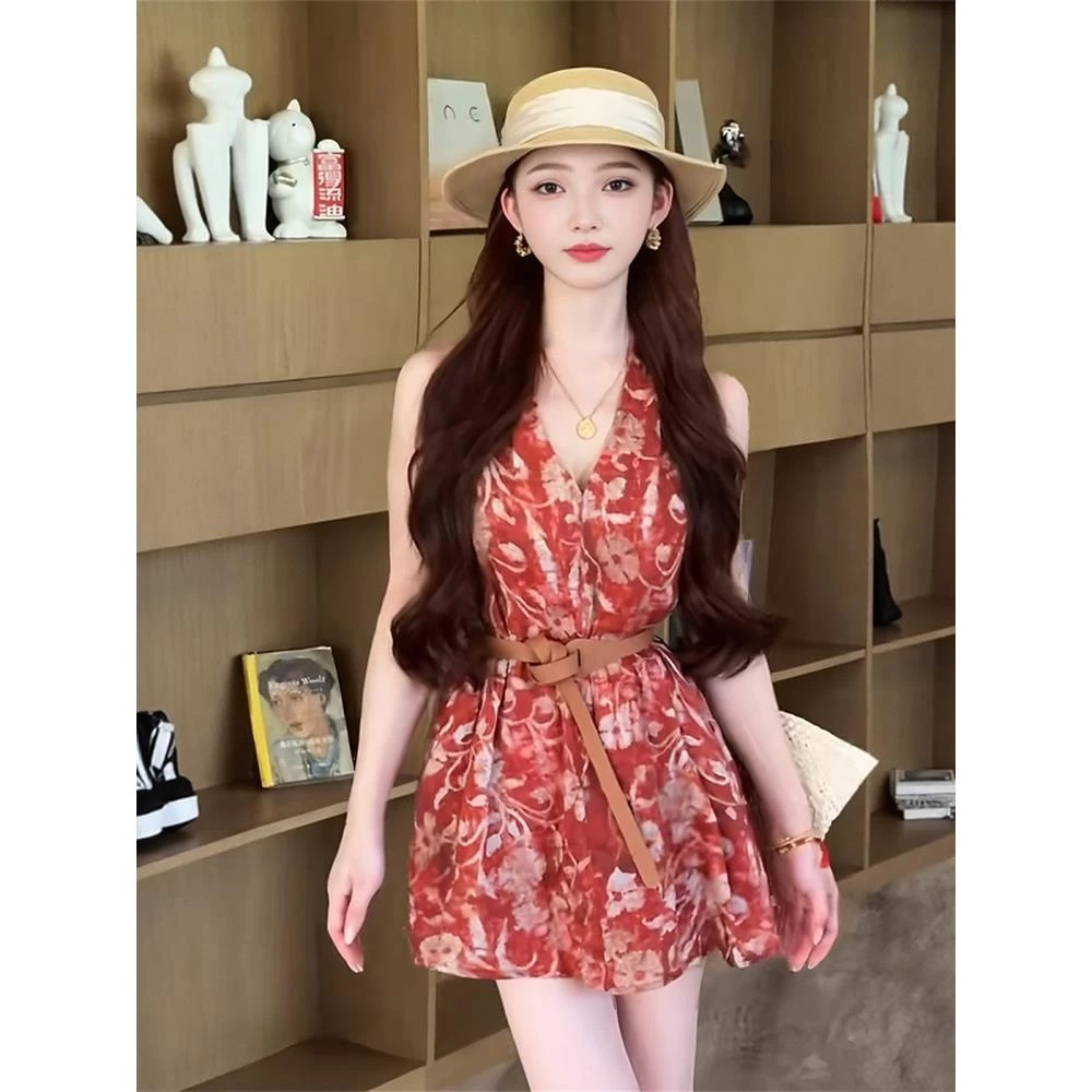 JO 塞纳河畔 法式复古红色碎花挂脖无袖背心高级收腰显瘦辣妹上衣