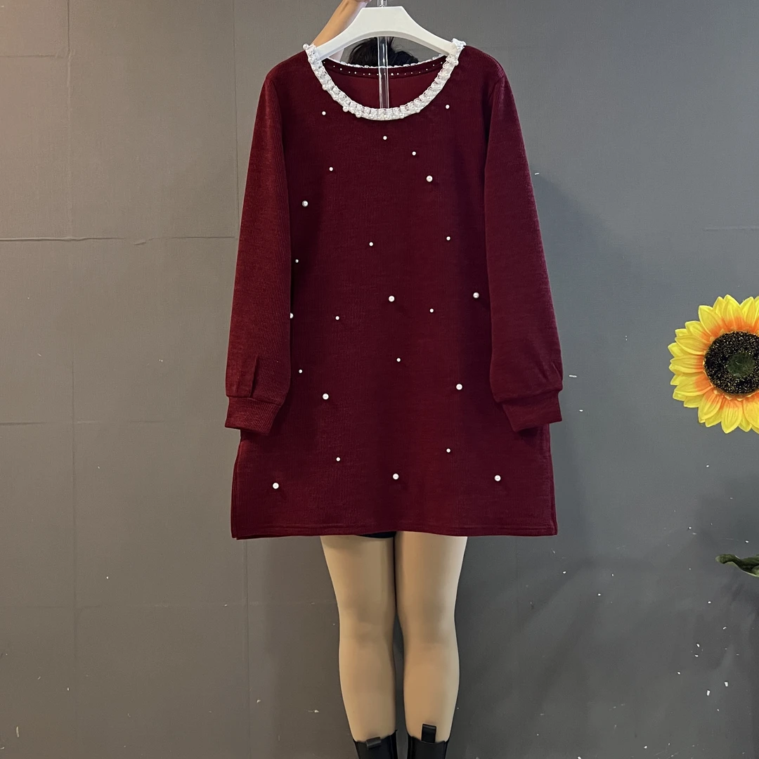 新款大码圆领压褶重工钉珠宽松遮肚洋气显瘦大衫裙