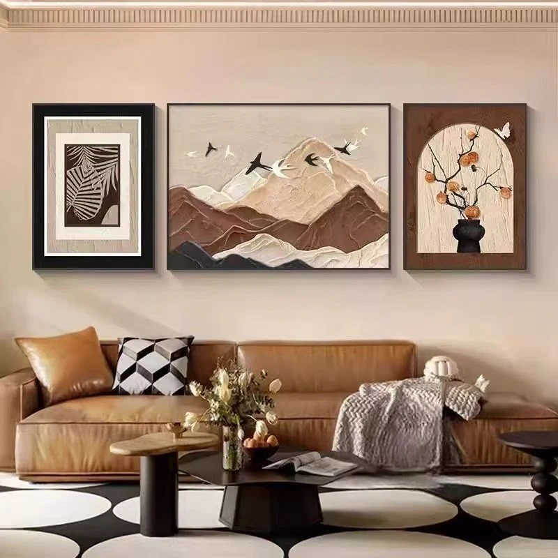 古风客厅装饰画背有抽象靠山柿柿如意高级沙发客厅背景墙装饰画