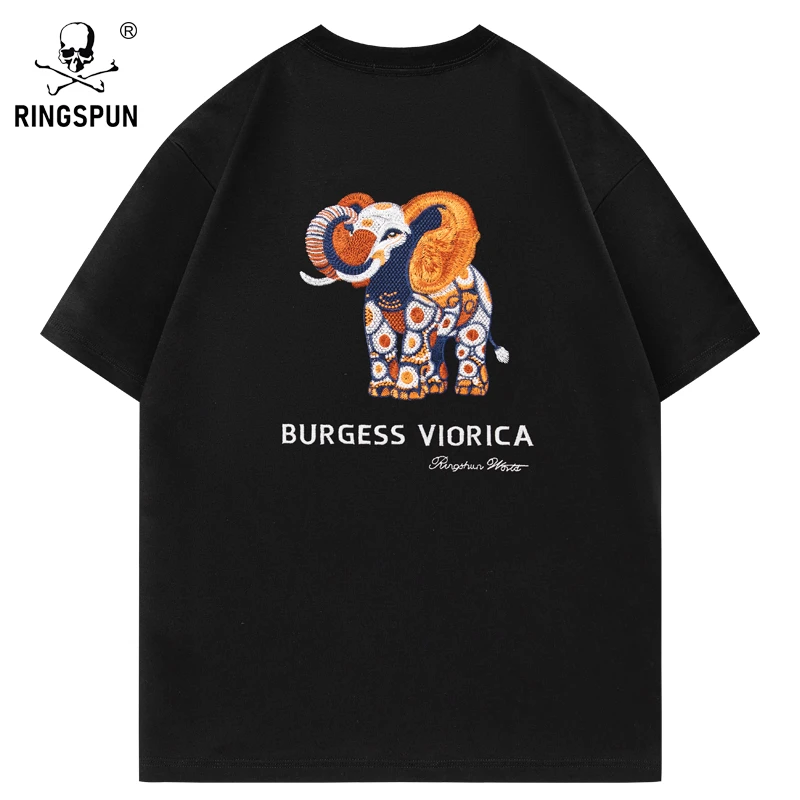 RINGSPUN【橙色大象】重磅可变色潮牌T恤男 圆领短袖T恤男女同款