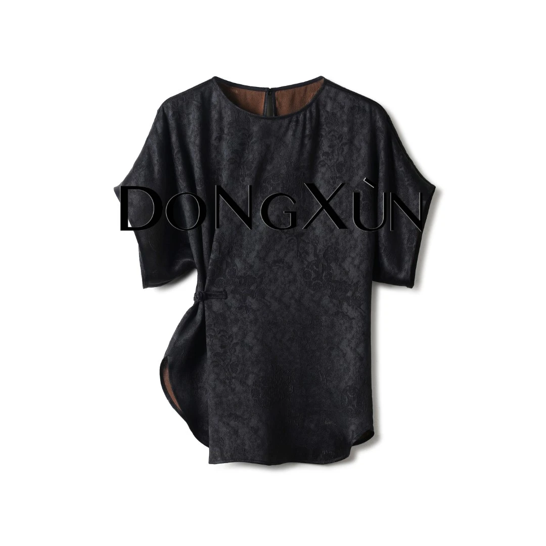 【凡尔赛】满分桑蚕丝冠乐绉收腰显瘦设计感短袖上衣DX25AS054