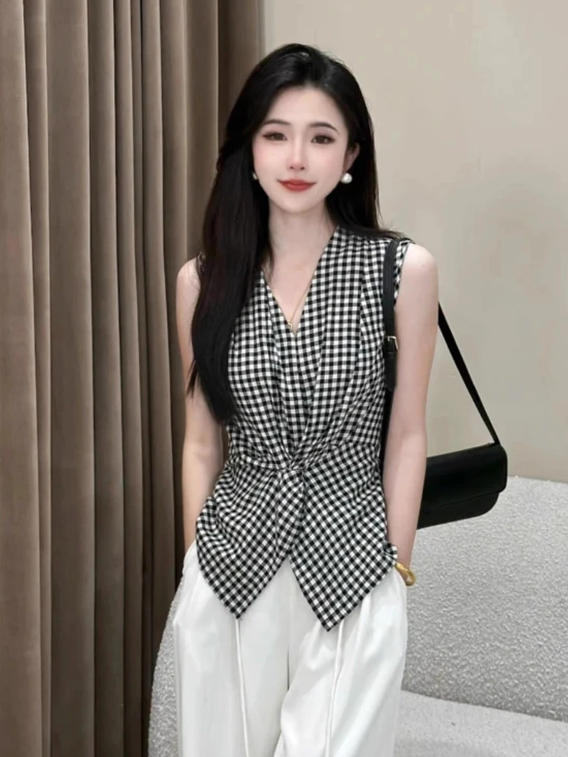 法式复古扭结黑白格子背心衬衫女2025夏季新款女生财阀千金女装