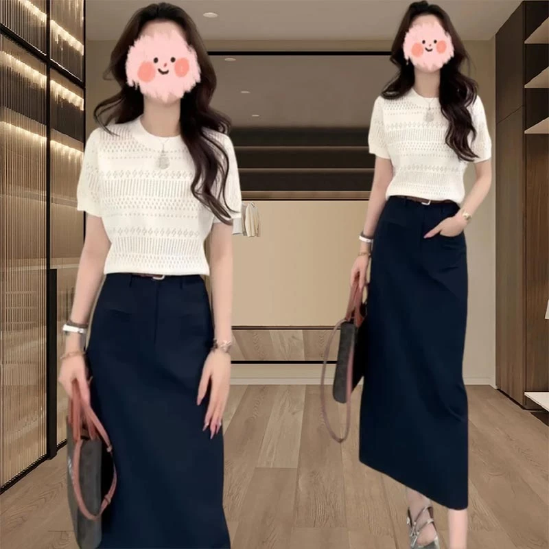 针织衫半身裙两件套2025年夏季新款设计感修身短袖百搭女装小众潮