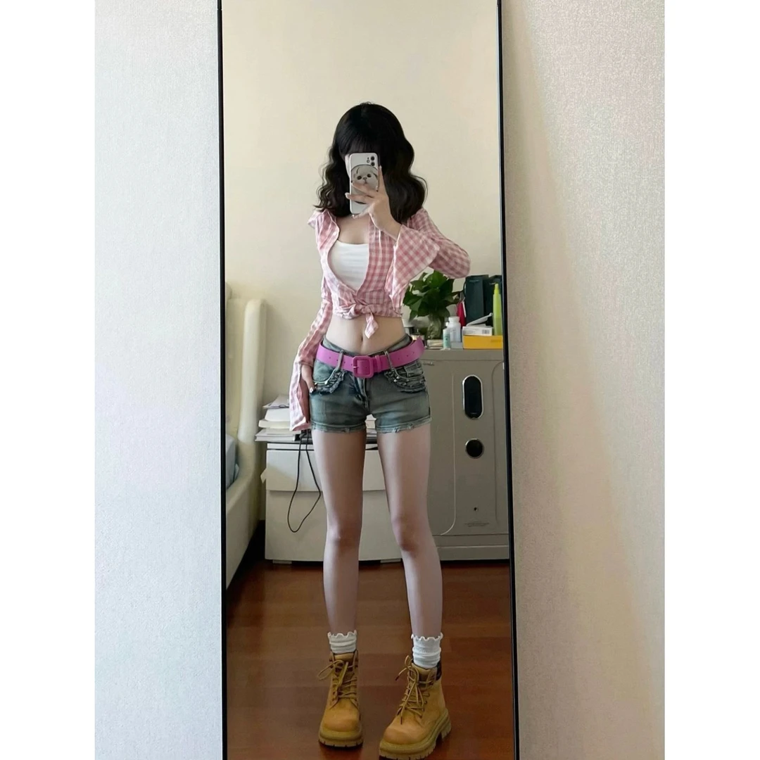 套装女2025夏季新款辣妹粉色格子衬衫长袖上衣高腰显瘦仔短裤潮