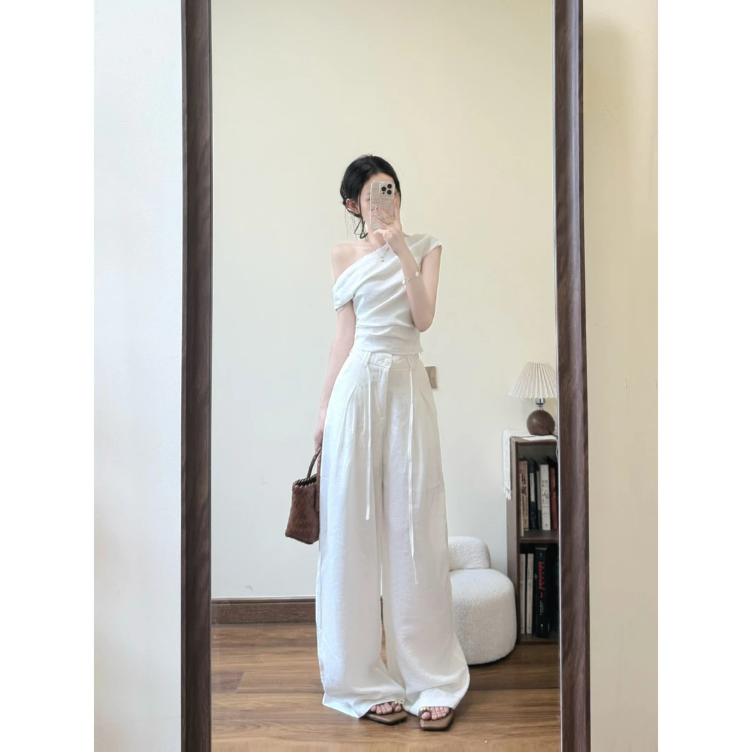 parkyeon法式纯欲斜肩短袖T恤高腰显瘦阔腿裤女度假风休闲套装