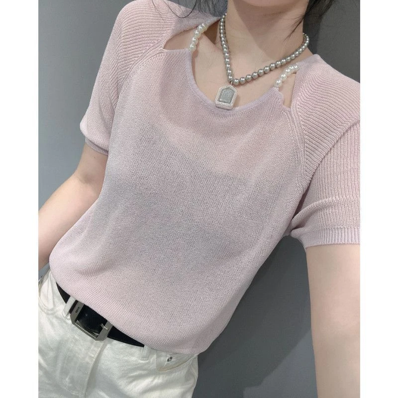 欧洲站冰丝针织衫女夏新款气质宽松显瘦设计感钉珠露洋气衣服女