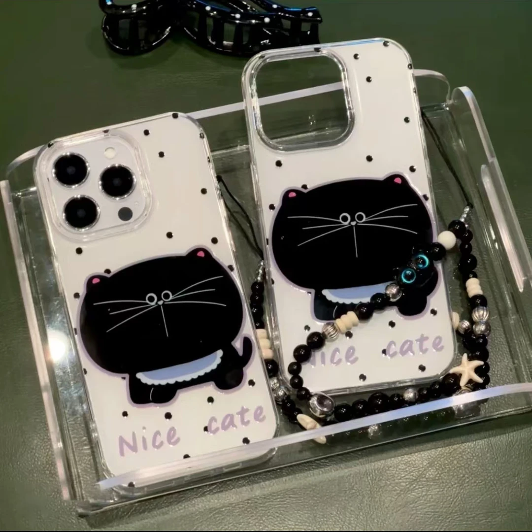 大脸波点黑猫适用iPhone16大孔手机壳华为vivo小米15oppo保护套潮