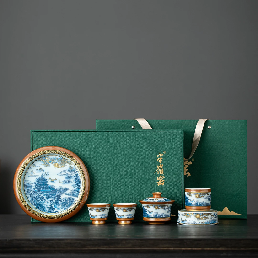 半岭窑滕王阁青花海纹描金盖碗套装陶瓷家用礼盒装伴手礼1024商品图