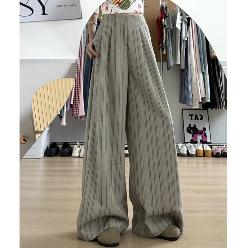 条纹阔腿裤女春秋2025新款显瘦百搭高腰垂感拖地宽松休闲西装裤子