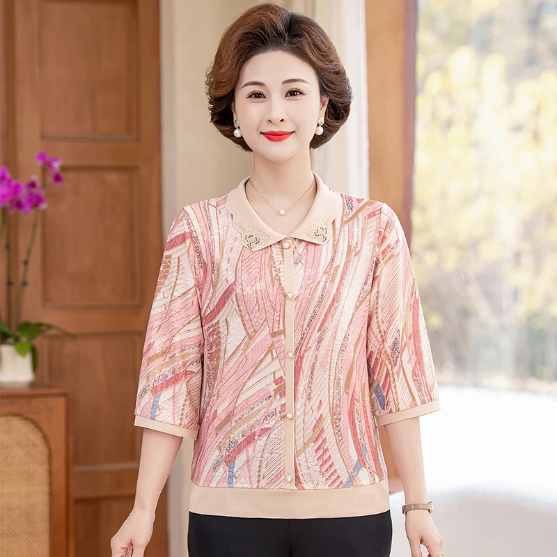 妈妈装夏季七分袖薄款T恤洋气中老年人翻领打底小衫遮肉显瘦上衣