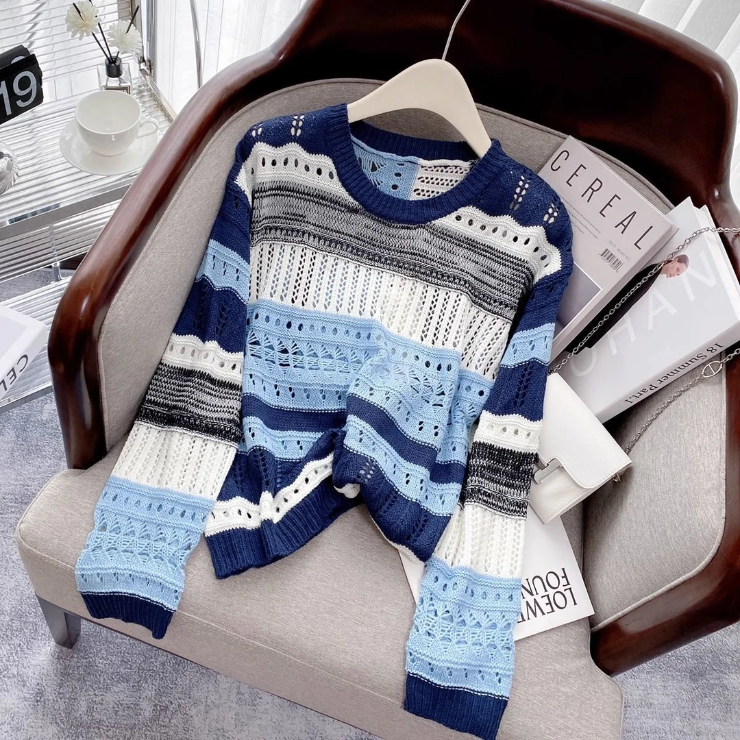 2025春季新款条纹镂空针织衫女设计感休闲宽松百搭毛衣别致上衣