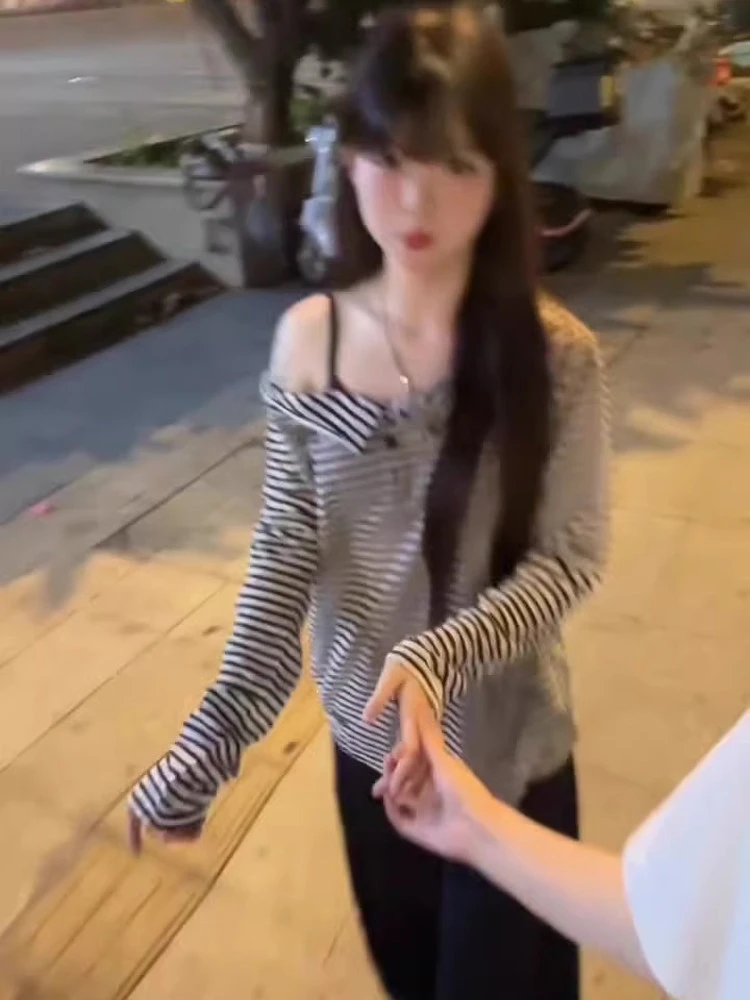 慵懒条纹露肩长袖T恤女夏季宽松百搭休闲一字肩薄款防晒罩衫上衣