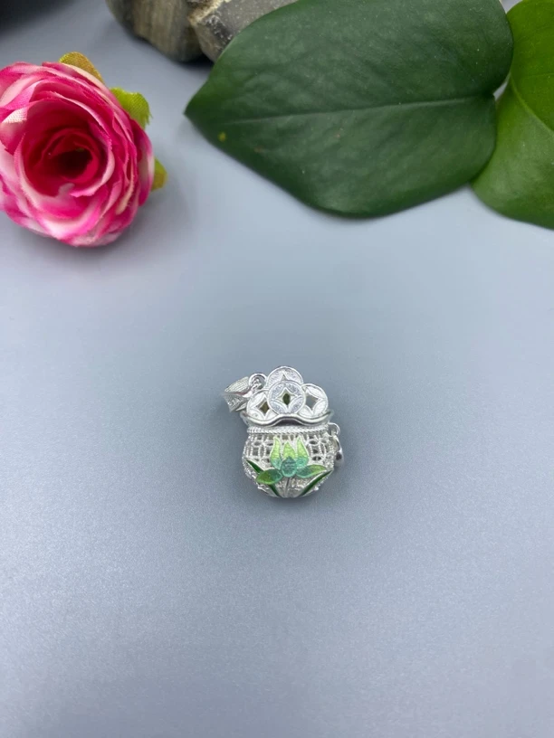 吊坠足银珐琅 侗石記拉丝 彩色铜钱福袋吊坠