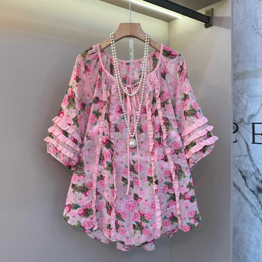 2025新款欧货木耳边印花圆领系带小众设计撞色拼接百搭衬衫6507