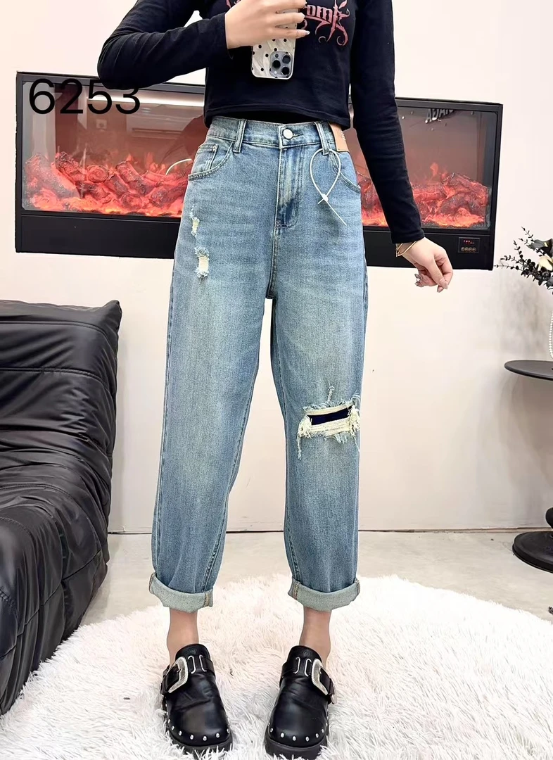 春季春秋新款大码女装休闲牛仔裤字母刺绣时尚舒适百搭潮流##6253