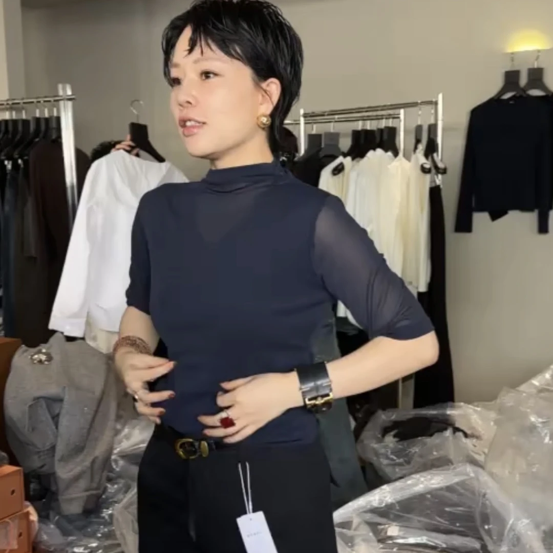 JING秋季爆款888-1女装半高领长袖T恤百搭时尚网纱打底衫女