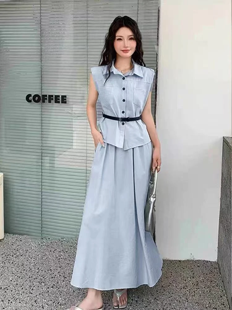 Q1152-时尚套装裙女夏季新款无袖衬衫收腰显瘦洋气高腰半身裙套装