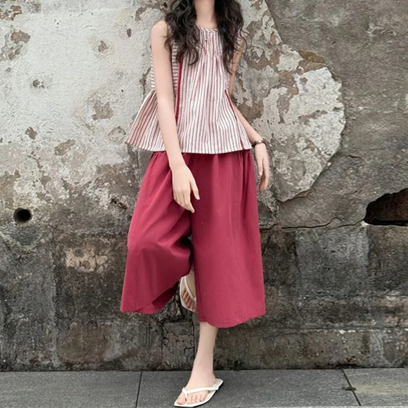 女童多巴胺套装夏季无袖套装洋气中大童条纹上衣休闲阔腿裤两件套