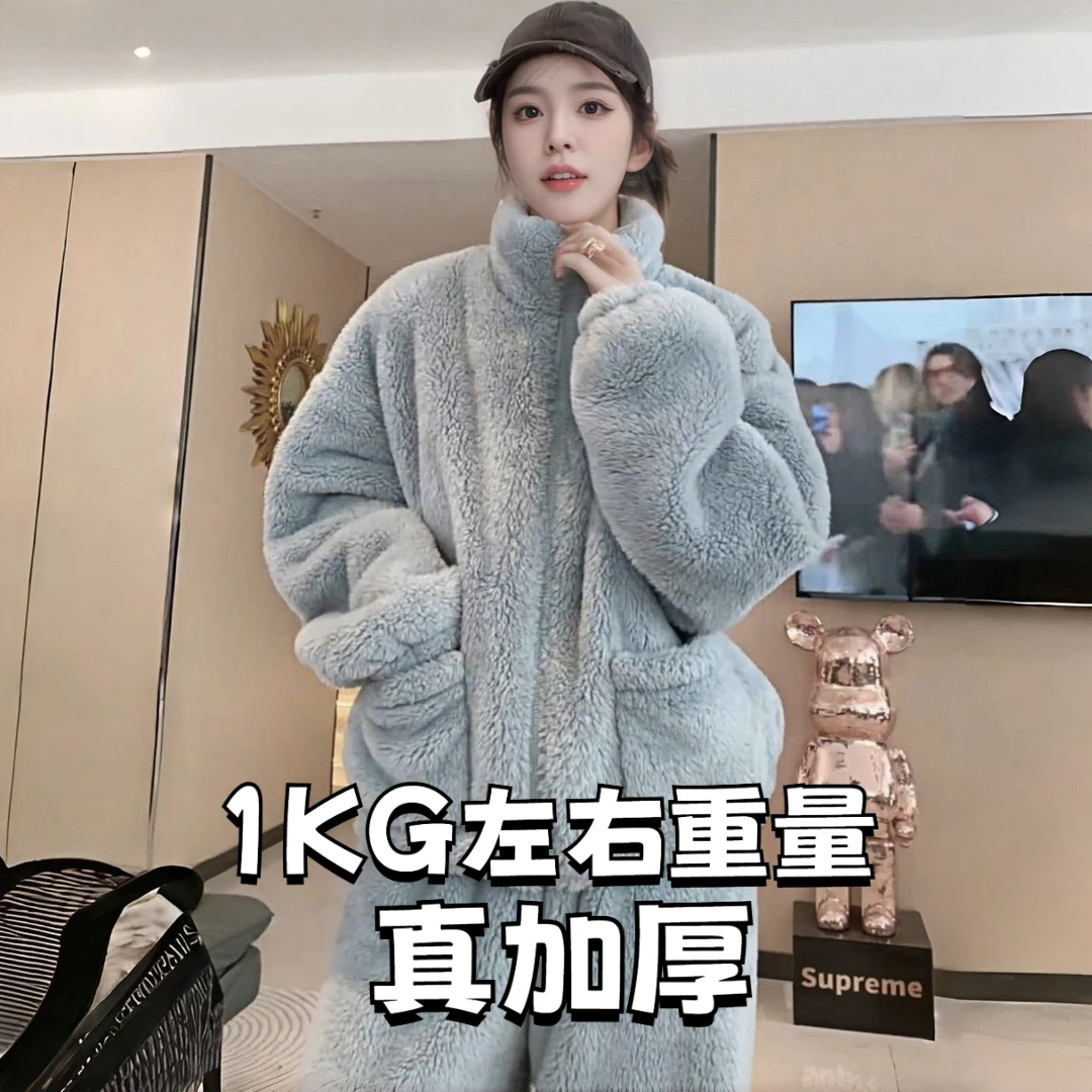 2025冬季新款立领加绒加厚居家服两件套保暖套装韩版纯色宽松睡衣