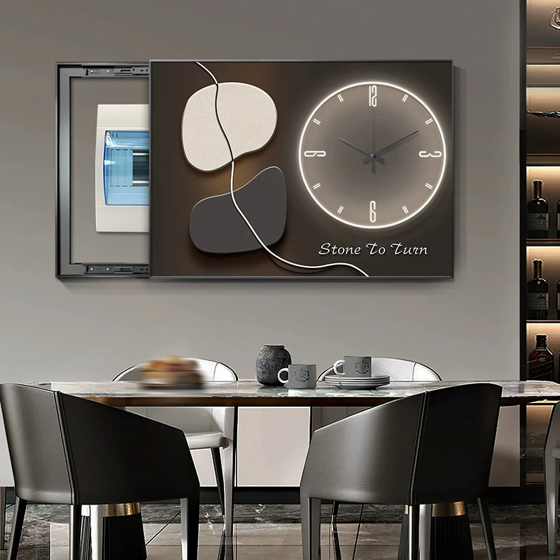 轻奢高级感电表箱装饰画带时钟表遮挡弱电箱盖板盒高端配电箱挂画