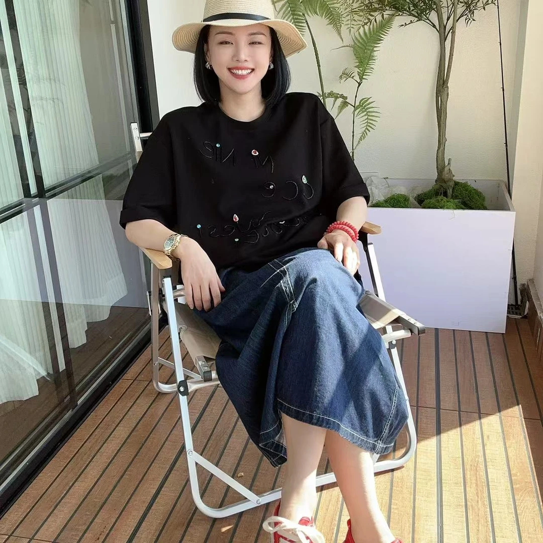 春季亮彩宝石立体刺绣休闲短袖T恤5-3-22