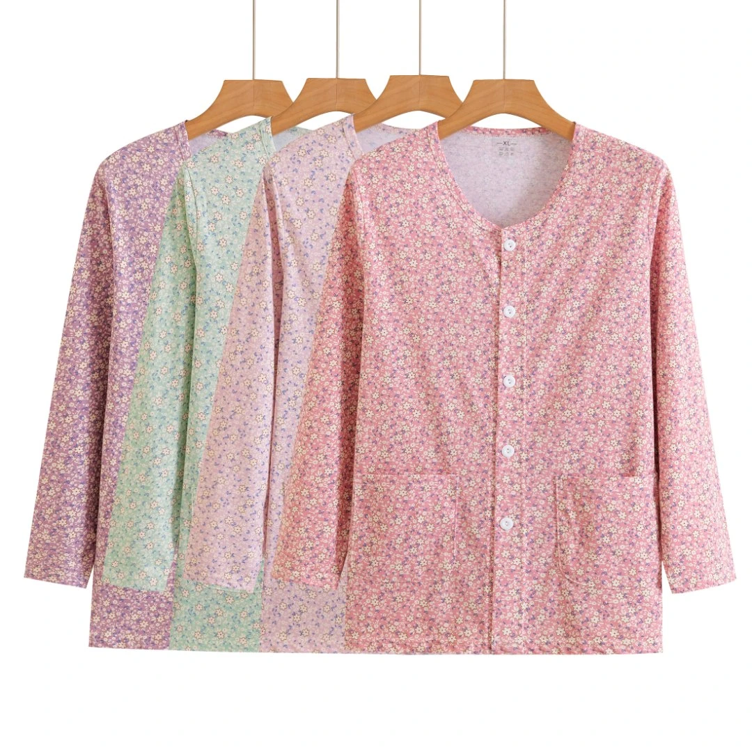 长袖开衫妈妈纯棉中老年秋衣对襟印花超薄宽松加肥家居服空调衫