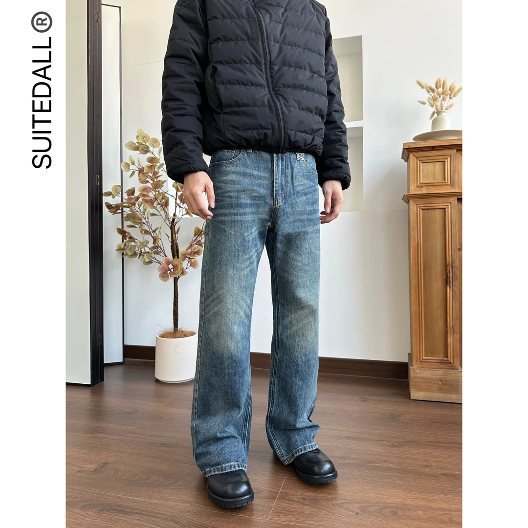 SUITEDALL直筒微喇叭软牛仔裤水洗复古美式做旧磨破Clean fit长裤
