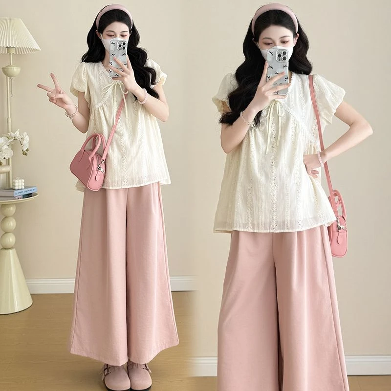 孕妇夏装新款娃娃衫上衣2025时尚减龄甜美蕾丝提花大码短袖T恤衫