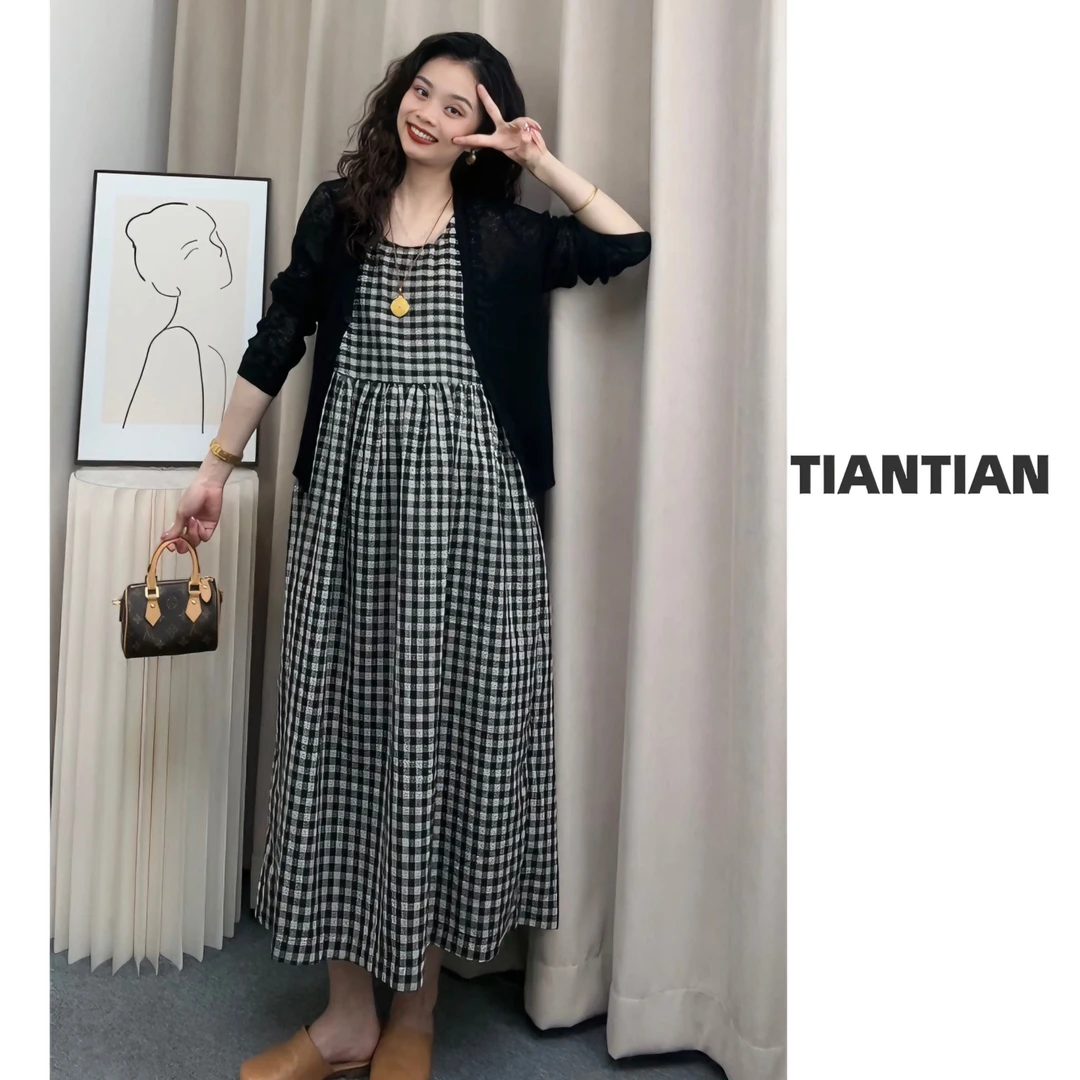 【恬恬】2025夏【方糖格】简约外出孕妇开衫格子背心连衣裙#7813