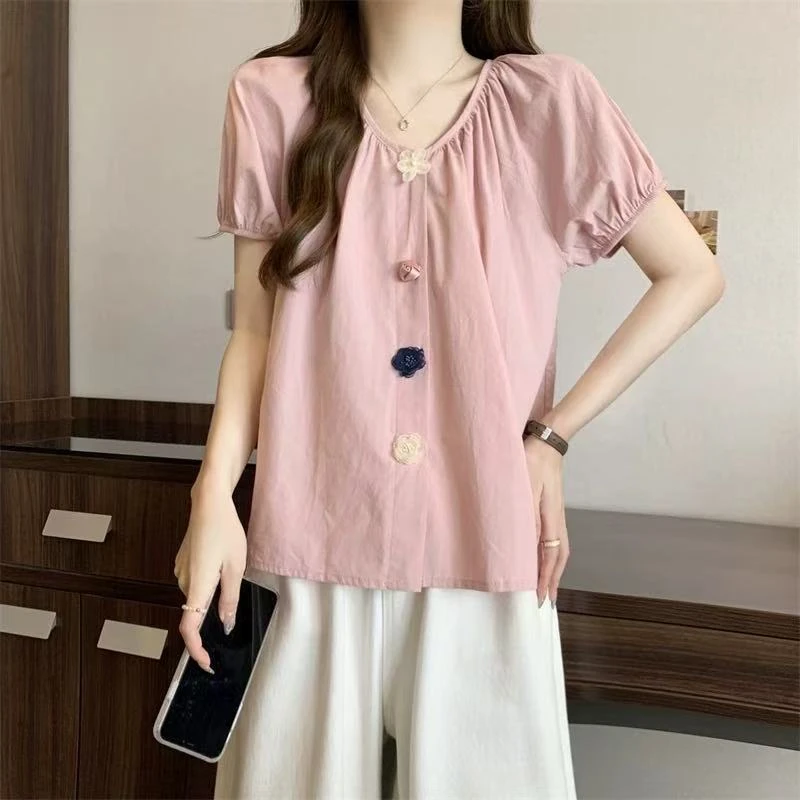 胖胖家*6620新款花朵圆领百搭减龄显瘦上衣