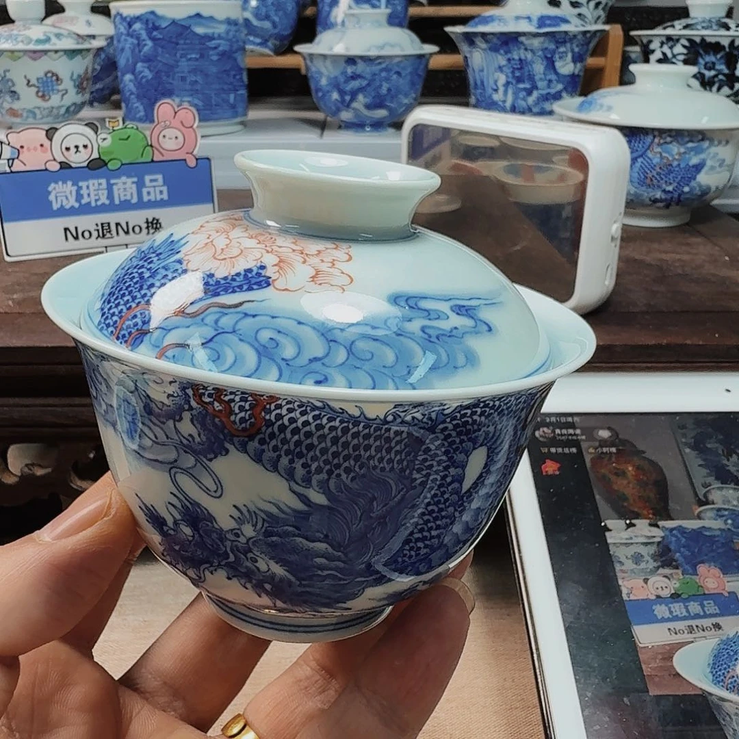 泥塑预***者盖碗手工手绘微瑕