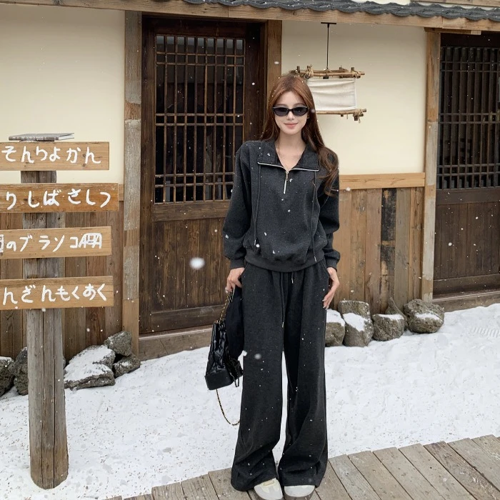 休闲运动套装宽松拉链翻领长袖卫衣女秋季慵懒风高腰阔腿裤两件套