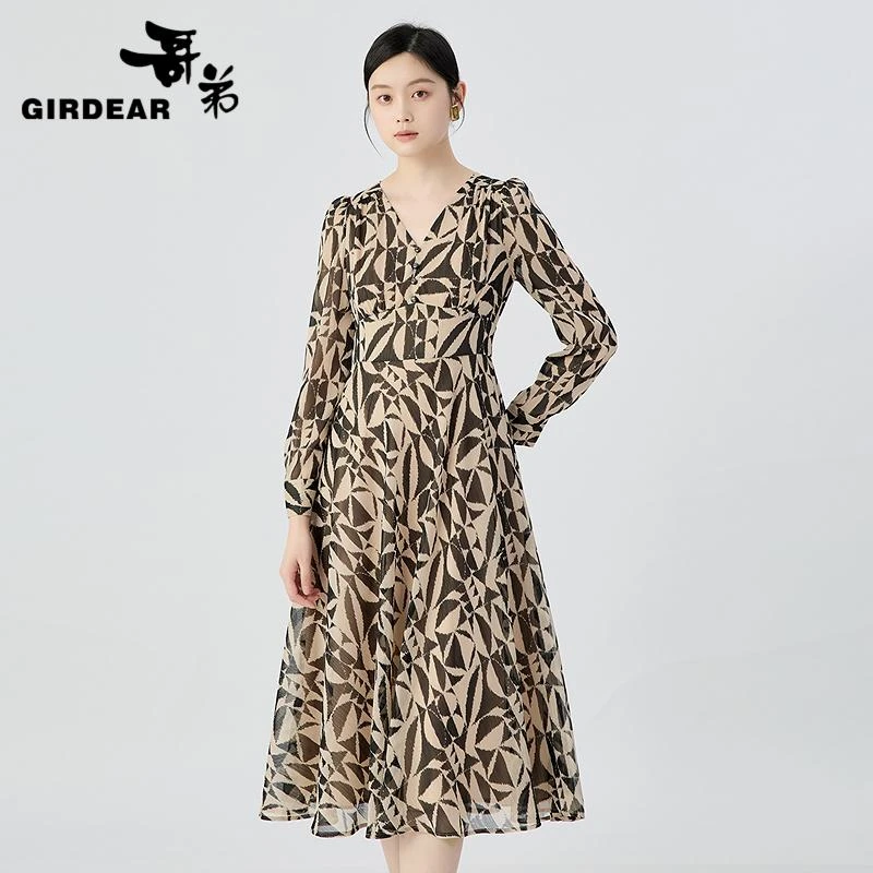 GIRDEAR/哥弟新款法式优雅气质长袖印花设计时尚连衣裙150024