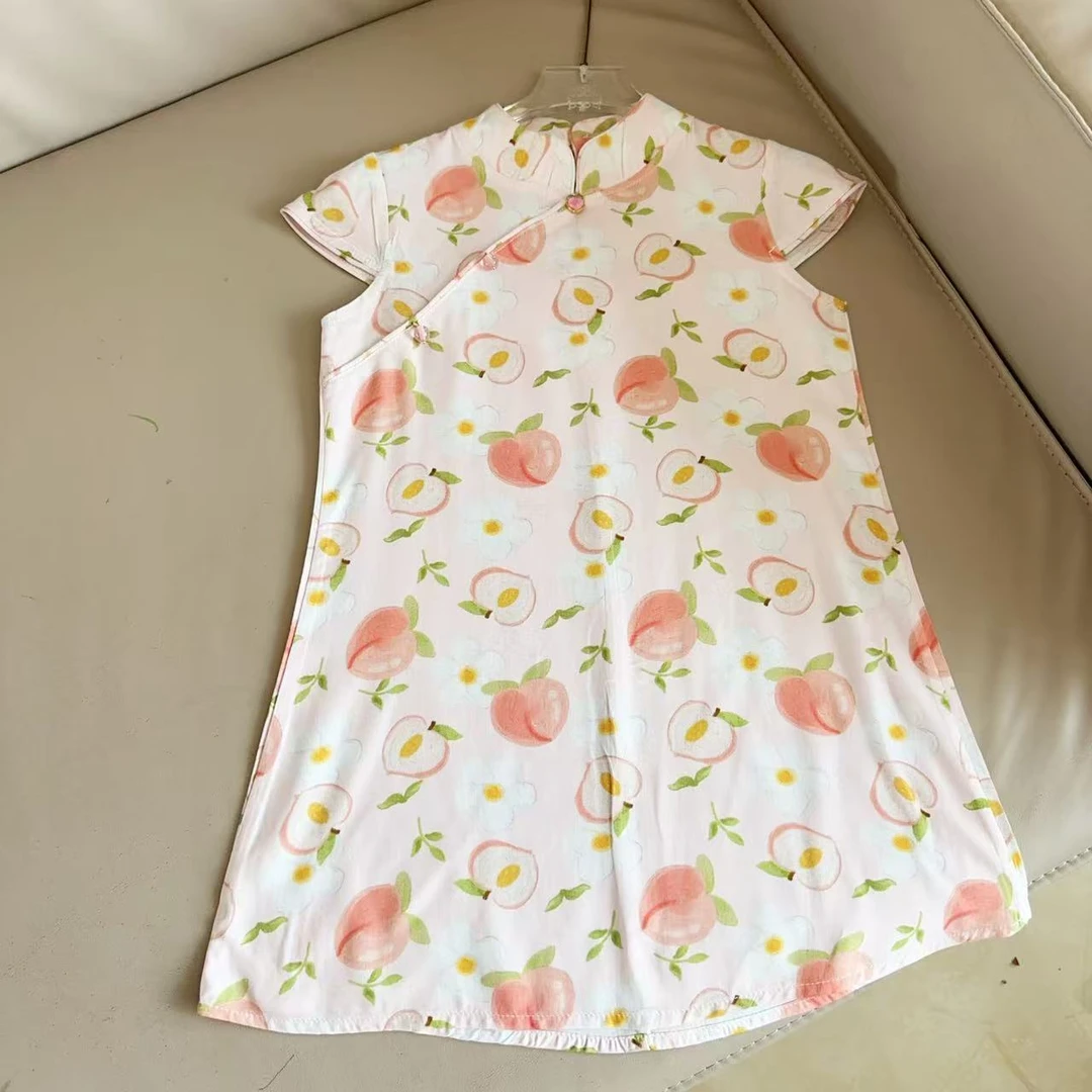 285水蜜桃      棉绸旗袍2025夏季国风女童长款印新中式旗袍