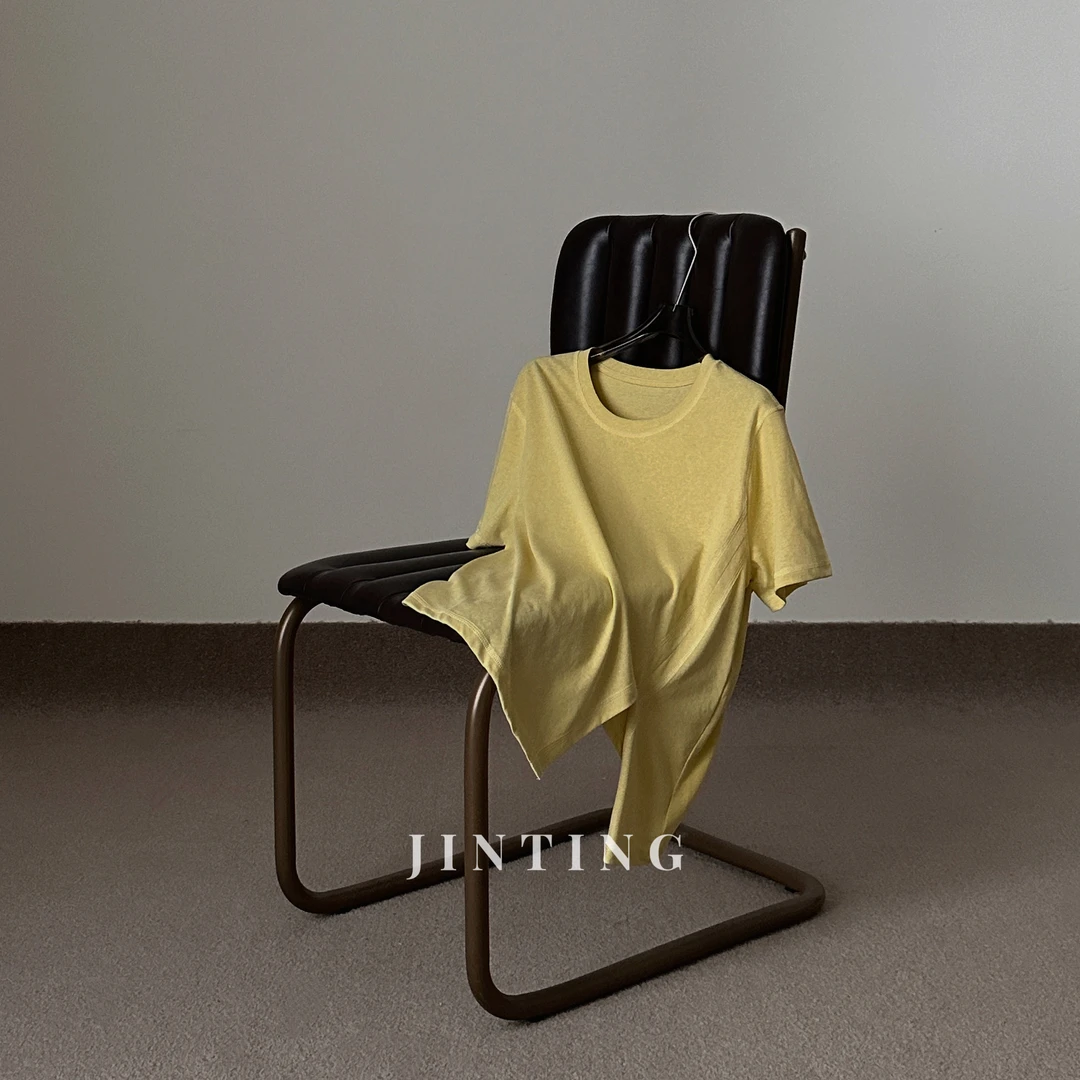 韩系休闲舒适设计高级舒适百搭不对称开叉短袖T女-M25201491