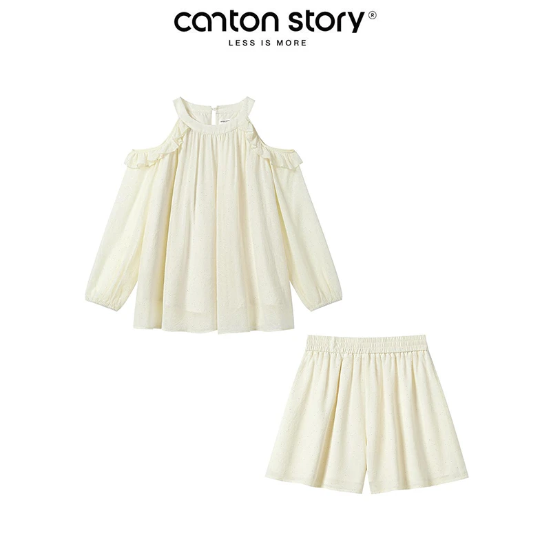 羊城故事 露肩挂脖衬衫休闲短裤套装女木耳边两件套 Y50650924
