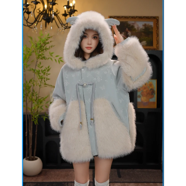 AODUOSEN/奥多森高端定制女童带帽鹿角小香风皮衣一体毛毛外套