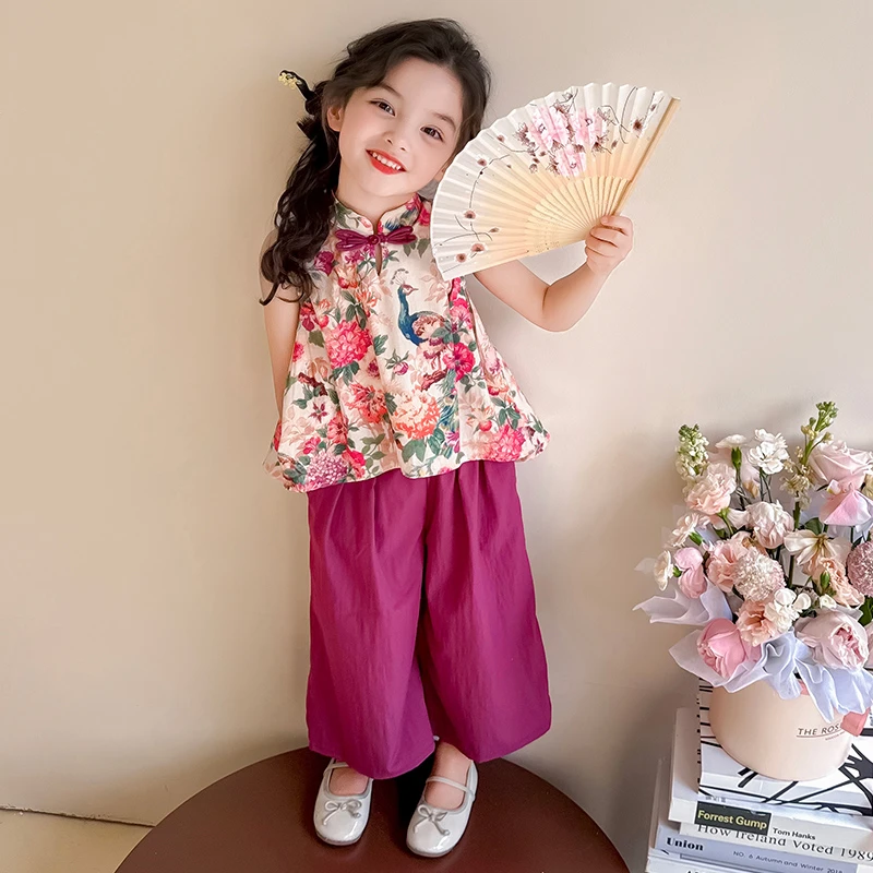 【NiKKO小熊】女童薄款印花韩版短袖棉质可爱夏季孔雀新中式套装