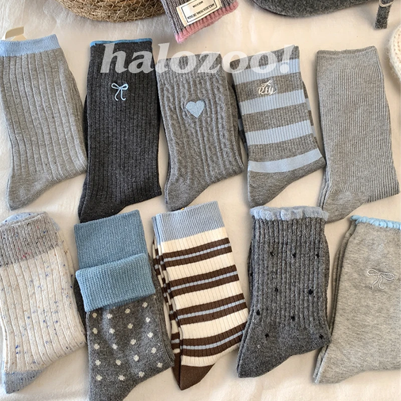 灰色袜子女中筒袜秋冬季羊毛加厚保暖袜纯棉条纹堆堆袜波点长筒袜