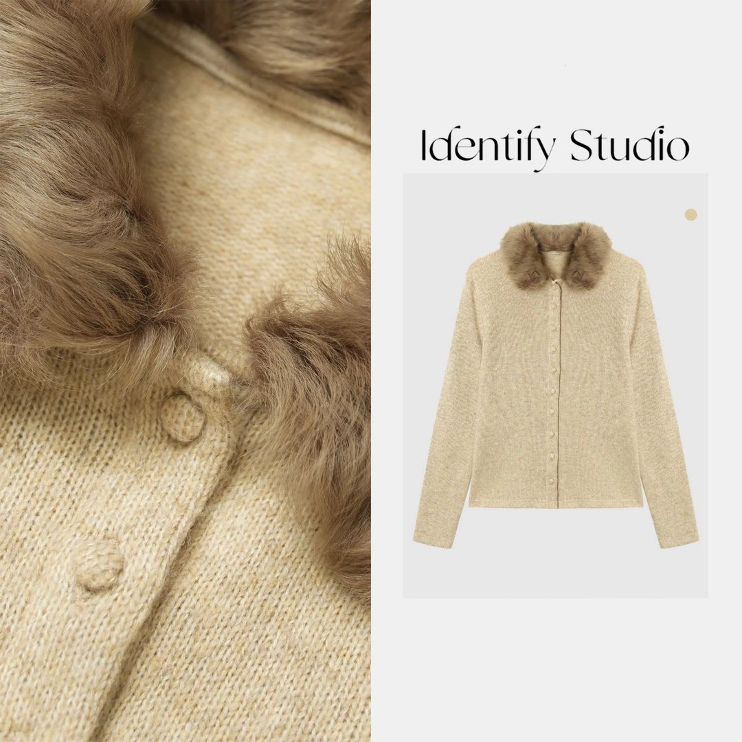 IDENTIFY冬季时尚口羔羊毛毛领针织单排扣羊毛外套25AWCM1115107