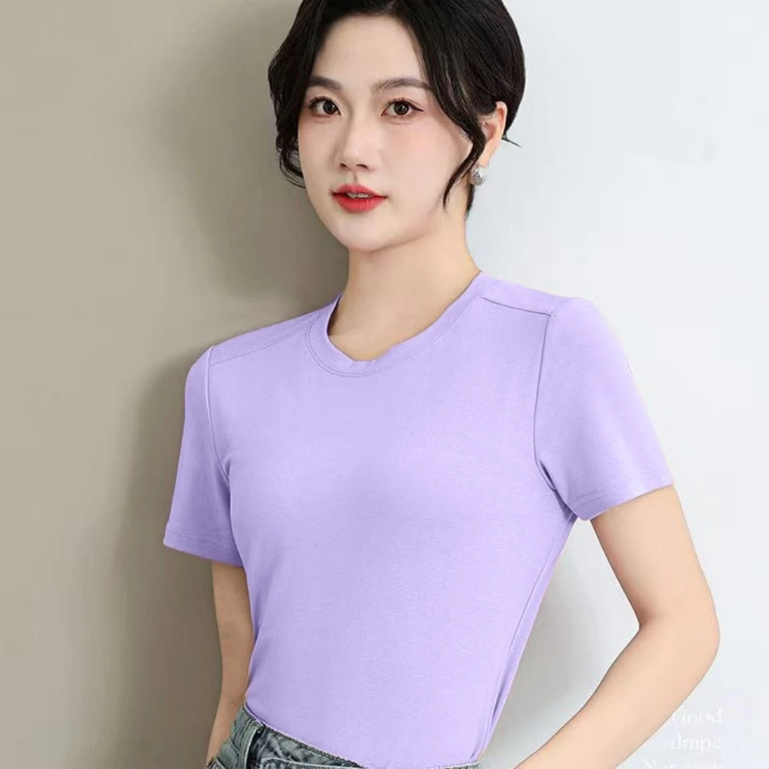 夏季轻奢速干女韩版短袖过肩T恤凉感透气亲肤百搭圆领正肩上衣女
