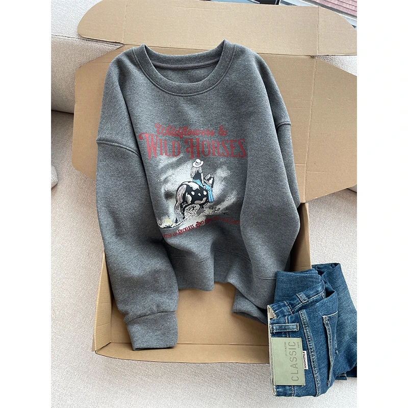 【丹姐家~双面羊毛高克重骑马印花卫衣~】减龄韩系时尚圆领卫衣