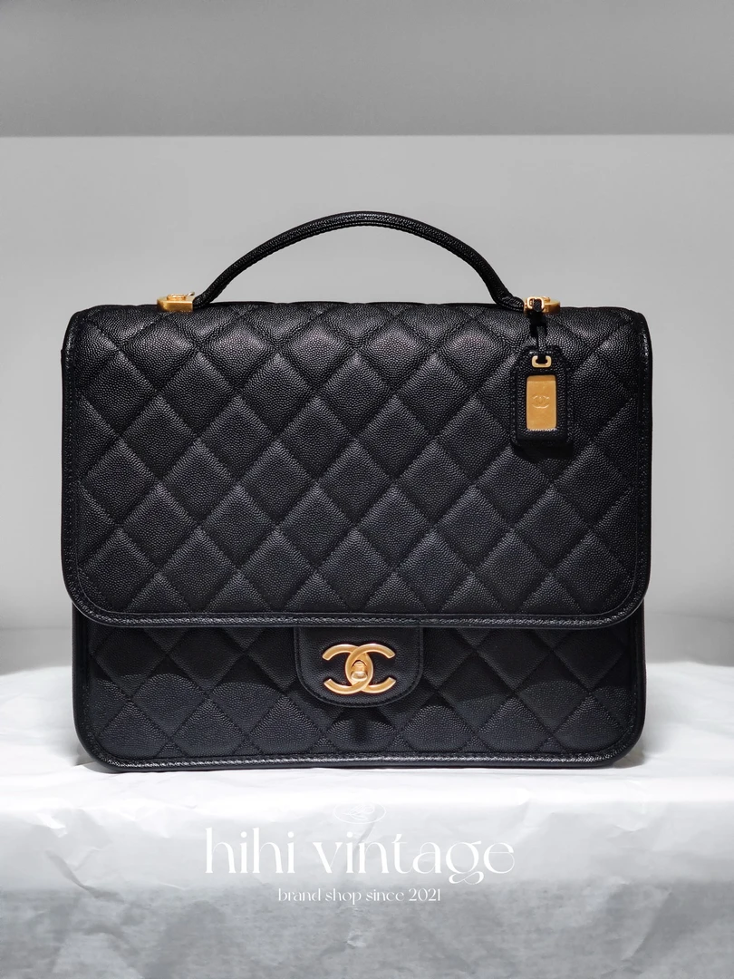 99新 Chanel/香奈儿 黑金荔枝皮双肩包 芯片款